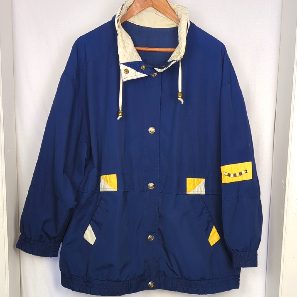 Vintage Womens Blue And Yellow Nylon Nautical Windbreaker Jacket